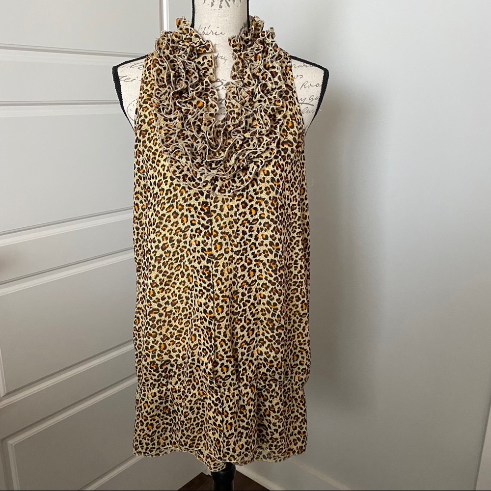 Leopard print ruffle neck racer-back tunic